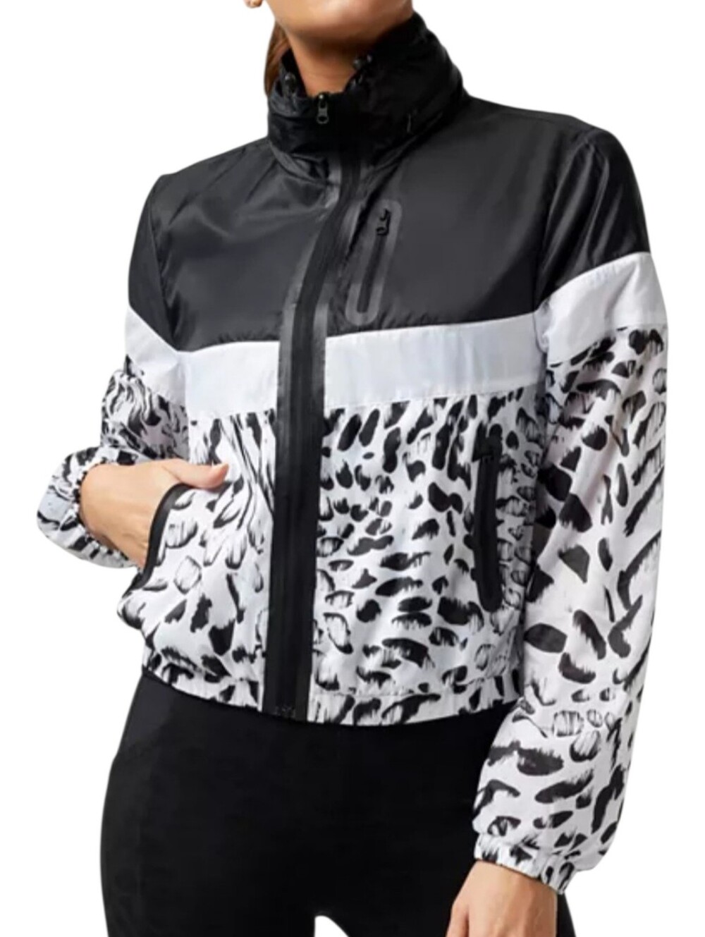 Blanc Noir Delilah Colorblock Animal-Print Windbreaker Hooded Goropcore Jackect